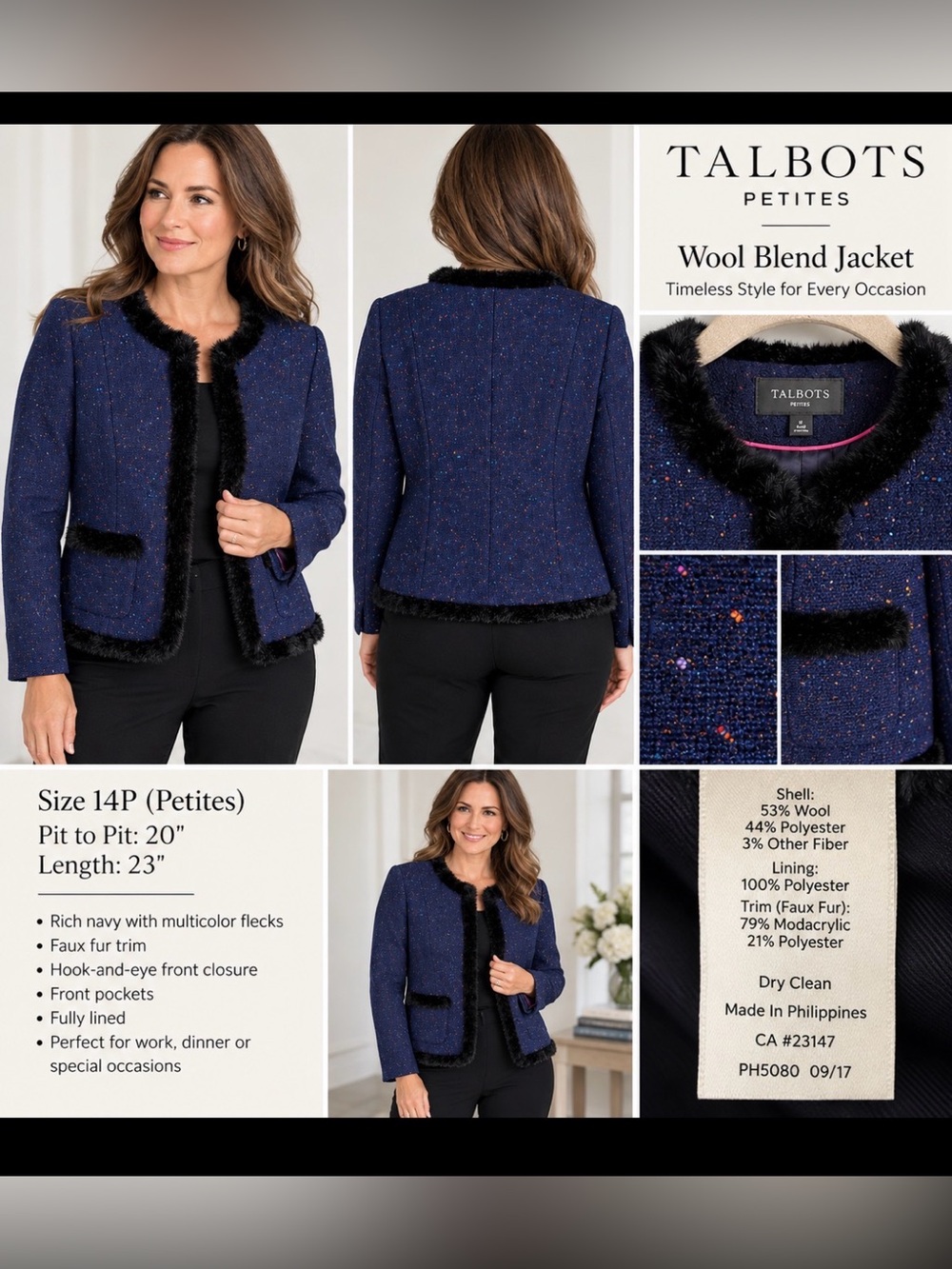 Talbots Petites 14P Navy Speckled Wool Blend Faux Fur Trim Jacket